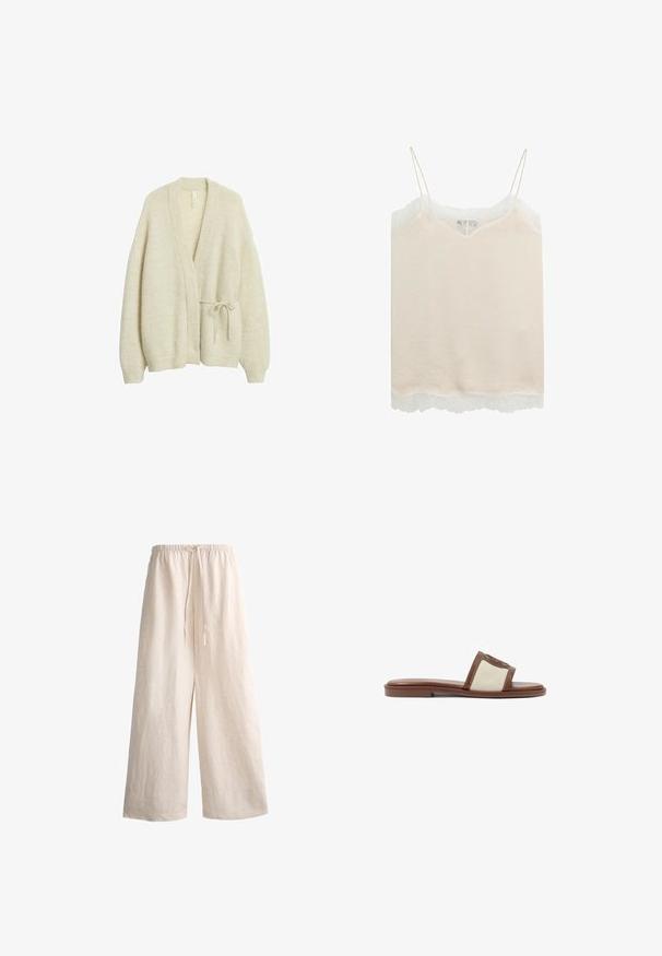 Cardigan beige en maille avec manches longues, devant ouvert, bords côtelés, et une fine ceinture nouée sur le côté droit.; Camisole en satin beige avec fines bretelles et bordure en dentelle blanche le long de l'encolure et de l'ourlet.; Pantalon large en lin beige avec taille élastique et cordon de serrage, coupe ample adaptée à une tenue décontractée.; Sandale à glisser en cuir marron avec une tige tissée beige, semelle plate et bout arrondi. Le design inclut un accent logo sur la sangle.