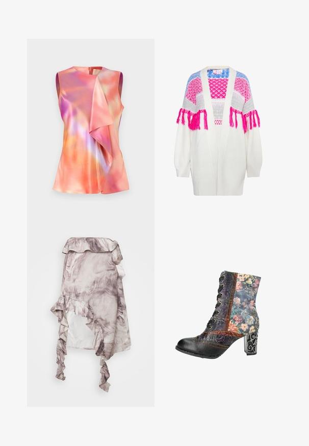 Hvid strikket cardigan med farverige mønstrede accentuer i pink, lilla og blå, med frynse detaljer på ærmerne. Åben frontdesign.; Ærmeløs top i satinmateriale, der præsenterer et farverigt abstrakt mønster med nuancer af pink, orange og violet, samt en draperet frontdesign.; ROKH MIDI SKIRT RUFFLES - A-snit nederdel - purple; Snørebåndsankelstøvle med en sort læder tå og hæl, blomsterstof på overdelen og en skulptureret metalhælsko med intrikate detaljer.