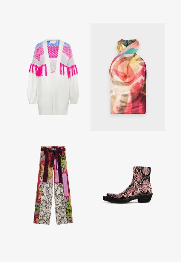 Hvid strikket cardigan med farverige mønstrede accentuer i pink, lilla og blå, med frynse detaljer på ærmerne. Åben frontdesign.; Paolina Russo WRAPPED HALTER - Top - acid brown; Bukser med vide ben og et farverigt lapværk af blomster- og abstrakte print samt et matchende stofbælte bundet om livet.; Ankelstøvler i pink og sort slangeskindsprintlæder med en struktureret finish, der har en unik buet sort gummisål.