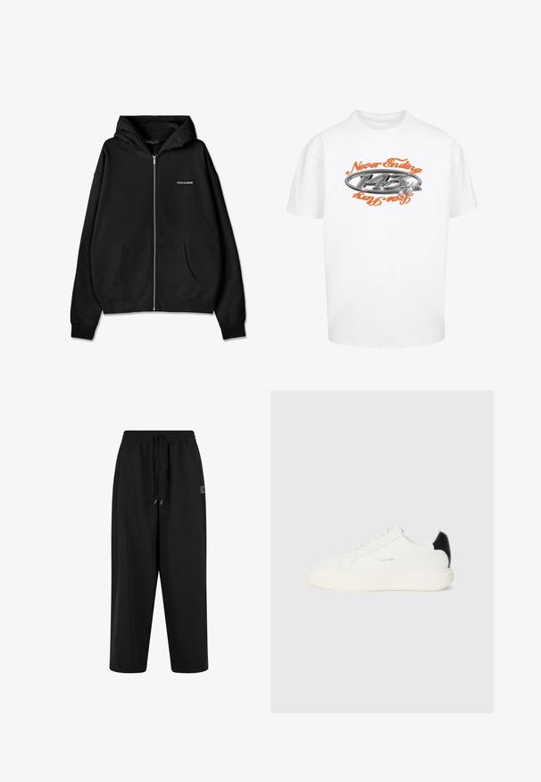 Zwarte, katoenen hoodie met rits en een zachte textuur. Voorzien van een voorzak, geribbelde manchetten en een logo op de linkerborst.; Witte katoenen t-shirt met een grafische print met "Never Ending" in oranje en een zilveren logo-ontwerp gecentreerd op de voorkant.; Zwarte trainingsbroek met een elastische tailleband en trekkoord. Gemaakt van zachte stof, met een comfortabele pasvorm en zijzakken.; Witte leren sneaker met een zwarte accent op de hak, met een ronde neus, platte veters en een dikke witte zool. Calvin Klein-logo weergegeven.