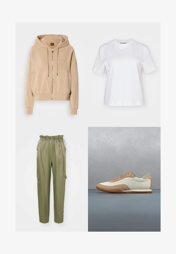 Beige hoodie med lynlås foran, justerbare snore, ribbede manchetter og en afslappet pasform. Fremstillet af blødt, letvægtsstof.; AllSaints LISA TEE - T-shirts basic - white; Oliven grønne cargo bukser med elastisk talje og snøre, tætsiddende ben og en sidelomme. Glat stof med en mat overflade.; Sneaker i creme og beige med tekstureret overdel, snørebånd og gummisål, vist oven på en træoverflade med småsten.