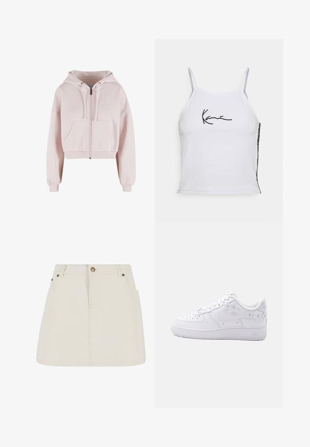 Kort pink hættetrøje lavet af blødt stof med lynlås, forlommer, ribkanter ved ærmerne og et lille broderet logo på brystet.; Hvid ærmeløs crop top lavet af bomuld, med sort broderet tekst. Sidepanel viser et mønstret stof, der tilføjer tekstur.; Lysebeige denim miniskørt med høj talje, to frontlommer og bronze knapdetaljer. Glat tekstur og enkelt design.; Hvid lavtop sneaker med perforeret tå, Nike swoosh og dekorative hvide blomsterdetaljer på hælen og siden.