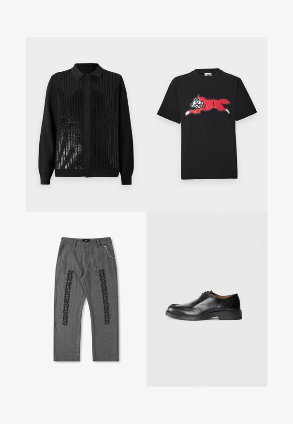 Sort cardigan med krave, der har lodrette striber af palietter og et tekstureret stof. Knaplukning foran og lange ærmer.; Sort bomulds-T-shirt med en rød og hvid grafik af en springende tegneseriekat med overdrevne træk, sat mod en ensfarvet baggrund.; Grå rutet bukser med sort tekstdetalje langs siderne, prydet med en kædeaccent i taljen. Bukserne har lige ben og er lavet af struktureret stof.; Sorte lædersko med rund tå, glat overflade, snøre detaljer og en lav, tekstureret gummisål. Rene linjer og minimalistisk design.
