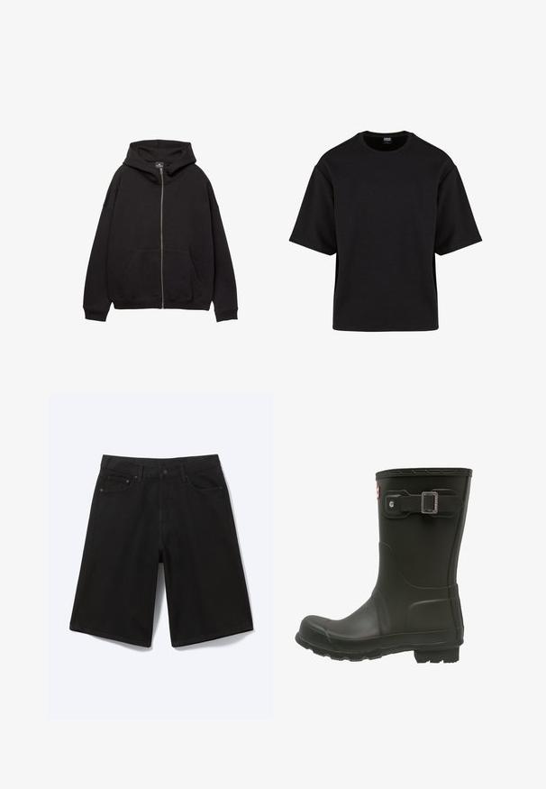 Zwarte zip-up hoodie van zachte stof. Heeft een grote capuchon, voorzakken en ribgebreide manchetten. Eenvoudig, casual ontwerp.; Urban Classics SCUBA TEE - T-shirt basic - black; Zwarte denim short tot op de knie met voorste knoop, riemlussen en vijf zakken, afgebeeld tegen een witte achtergrond.; Zwarte rubberen regenlaars met een ronde neus, een gespband aan de bovenkant en een geprofileerde buitenzool voor grip.