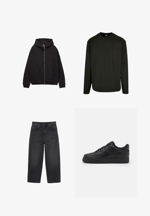 Haut à zip noir fabriqué en tissu doux. Comprend une grande capuche, des poches avant et des poignets côtelés. Design simple et décontracté.; T-shirt noir à manches longues en coton, avec un col rond et un ourlet droit. Design minimaliste sans motifs ni accents.; Jean noir à jambes larges avec une taille haute, bouton et fermeture éclair à l'avant, passants pour ceinture, et poches avant et arrière.; Nike Sportswear AIR FORCE 1 07 FLYEASE - Baskets basses - black