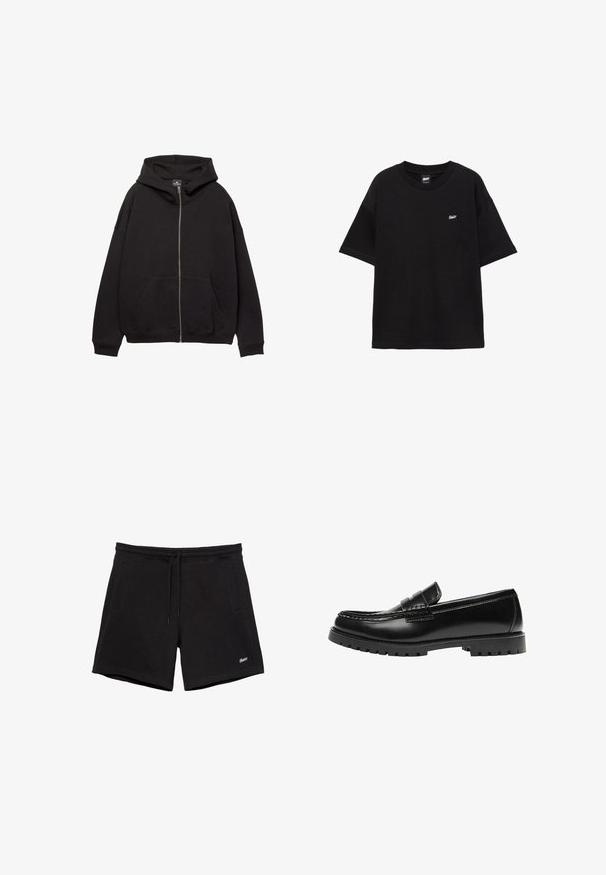 Haut à zip noir fabriqué en tissu doux. Comprend une grande capuche, des poches avant et des poignets côtelés. Design simple et décontracté.; T-shirt noir à manches courtes et col rond avec un petit logo blanc "SWT?" sur le côté gauche de la poitrine, présenté sur un fond blanc.; Shorts noirs décontractés avec une ceinture élastique, un cordon de serrage, deux poches latérales et un petit logo blanc brodé sur la jambe gauche.; Mocassin en cuir noir avec une semelle en caoutchouc épaisse et un détail classique de bride à monnaie, vu de côté extérieur.