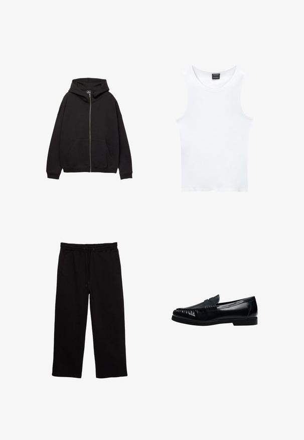 Sort zip-up hoodie lavet af blødt stof. Har en stor hætte, forlommer og ribbede manchetter. Enkel, afslappet design.; Hvid ærmeløs tanktop lavet af ribbet bomuld. Har en rund halsudskæring og en glat tekstur. Etiketten siger "PULL&BEAR."; Sorte sweatpants lavet af blødt stof, med elastisk talje med snøre, to sidelommer og en afslappet pasform.; Sort herre penny loafer i læder med syninger på mok-toe og lav hæl, vist i sideprofil på hvid baggrund.
