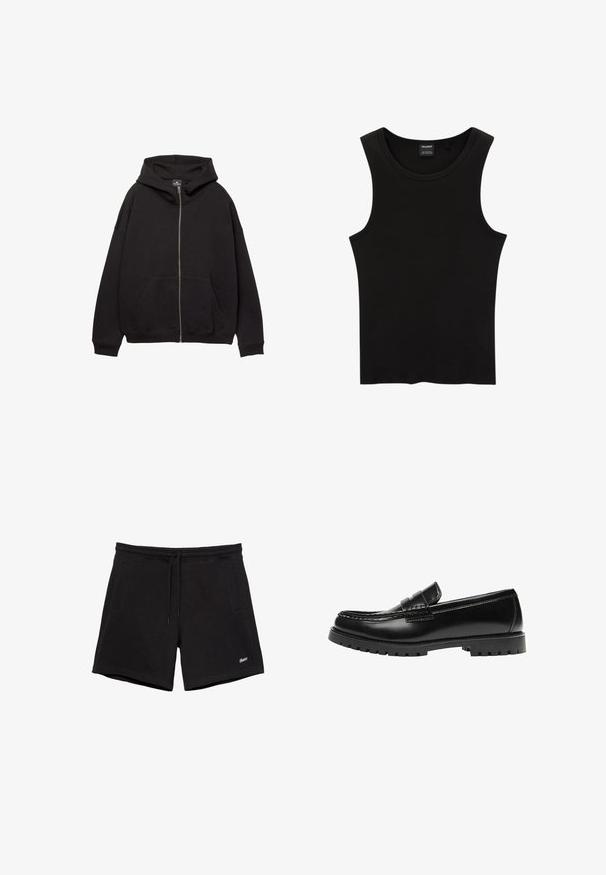 Haut à zip noir fabriqué en tissu doux. Comprend une grande capuche, des poches avant et des poignets côtelés. Design simple et décontracté.; Débardeur noir à côtes avec un col rond et de larges emmanchures, fabriqué à partir d'un tissu doux et extensible. Étiquette : Pull&Bear.; Shorts noirs décontractés avec une ceinture élastique, un cordon de serrage, deux poches latérales et un petit logo blanc brodé sur la jambe gauche.; Mocassin en cuir noir avec une semelle en caoutchouc épaisse et un détail classique de bride à monnaie, vu de côté extérieur.