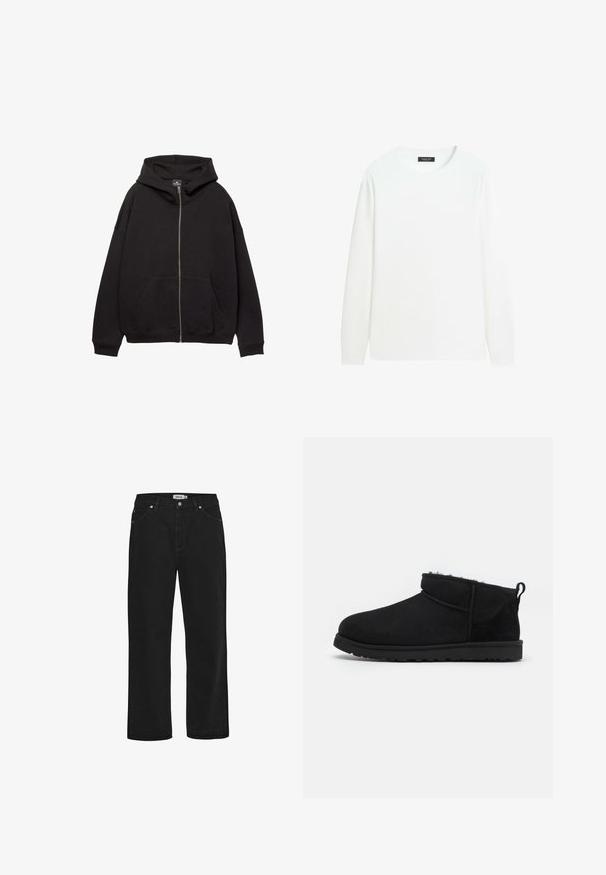 Schwarzer Reißverschluss-Hoodie aus weichem Stoff. Verfügt über eine große Kapuze, Fronttaschen und gerippte Bündchen. Einfaches, lässiges Design.; Ein schlichtes weißes Langarmshirt mit Rundhalsausschnitt und einem kleinen schwarzen Etikett im Kragen auf weißem Hintergrund.; Schwarze Jeans aus Denim mit geradem Schnitt, Fünf-Taschen-Design, Kupferhardware-Akzenten und einem robusten Bund. Glatte Textur, schlichte Stil.; Schwarze Wildleder-Stiefeletten mit einem weichen, strukturierten Innenfutter, einer flachen Gummisohle und einer Zugschlaufe auf der Rückseite für ein einfaches Anziehen.