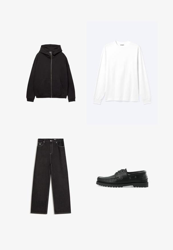 Sort zip-up hoodie lavet af blødt stof. Har en stor hætte, forlommer og ribbede manchetter. Enkel, afslappet design.; Langærmet plain hvid skjorte med rund hals og ribkantede manchetter, vist på en neutral lys baggrund.; Sorte viddebukser i jeansstof med kontrastfuld hvid syning, knaplukning, bæltestropper og design med fem lommer inklusive en lille logopatch på forlommen.; Sorte læder bådsko med tekstureret overflade, snørebåndsdesign, gummisål med trækkraft og metaløjer på siderne.