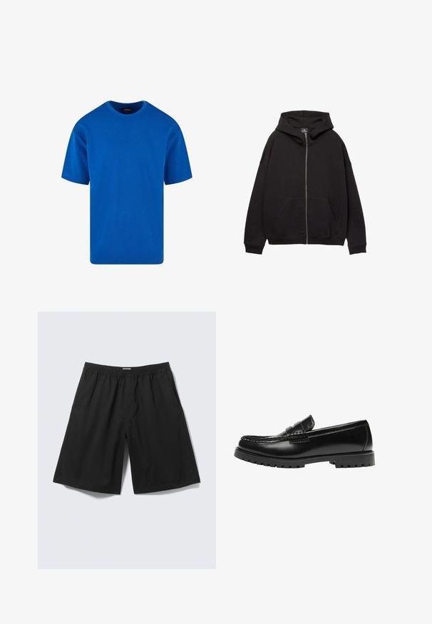 Haut à zip noir fabriqué en tissu doux. Comprend une grande capuche, des poches avant et des poignets côtelés. Design simple et décontracté.; T-shirt bleu à manches courtes en coton, avec un col rond classique et une coupe décontractée. Texture lisse sans motifs ni accents visibles.; Shorts noirs à coupe ample avec taille élastique et poches latérales, présentés sur un fond gris clair.; Mocassin en cuir noir avec une semelle en caoutchouc épaisse et un détail classique de bride à monnaie, vu de côté extérieur.