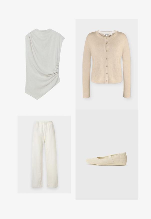 Beige dames gebreide cardigan met lange mouwen, ronde hals en zeven knopen aan de voorkant, maat small, plat uitgestald op een witte achtergrond.; Lichte beige top met een ronde halslijn, asymmetrische zoom en geplooide details aan één kant. Gemaakt van een zachte, gestructureerde stof.; Loszittende crème kleurige broek met een elastische tailleband en rechte pijpen op een effen lichte achtergrond.; Beige ballerina's met een gladde leren buitenkant, amandelvormige punt en elastische band over de wreef, met subtiele stiksels.