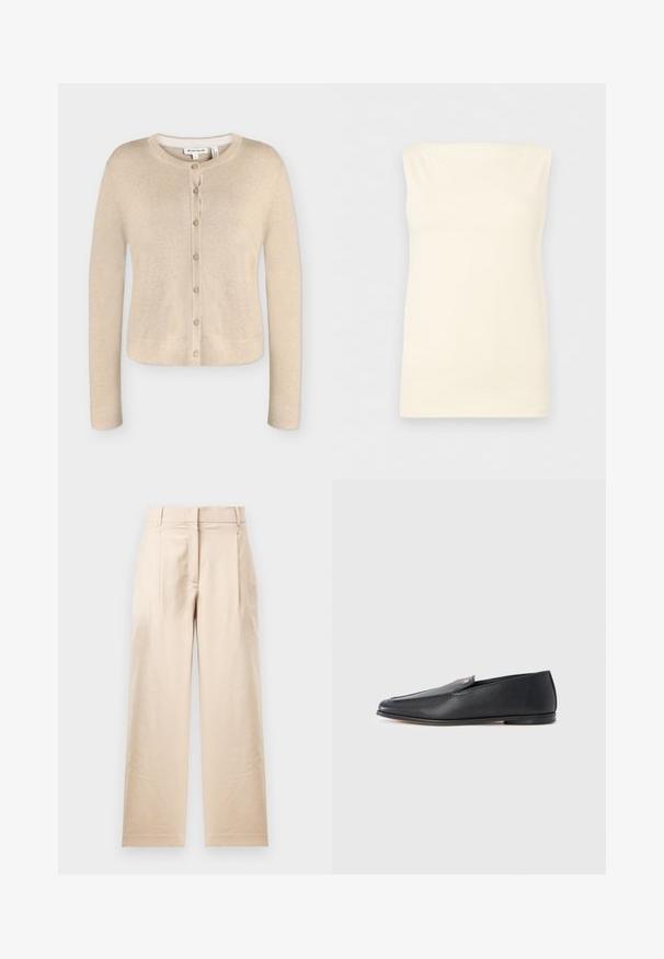 Beige damestrik cardigan med lange ærmer, rund halsudskæring og syv knapper foran, størrelse small, vist fladt på hvid baggrund.; Ærmeløs, cremefarvet, tætsiddende top med en lige udskæring og glat tekstur mod en neutral baggrund.; Beige bukser lavet af glat stof. Har en lige pasform, flad front og to plisses. Ingen synlige mønstre eller metaldele.; Sorte læderloafers med en glat tekstur, rundet tå og subtile syningsdetaljer. Har en guldfarvet logoaccent på oversiden.