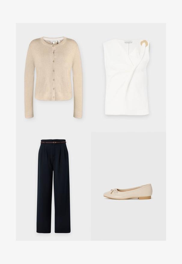 Beige damestrik cardigan med lange ærmer, rund halsudskæring og syv knapper foran, størrelse small, vist fladt på hvid baggrund.; Ærmeløs hvid bluse med en indpakningsdesign, der har en guldfarvet dekorativ ringdetalje på den højre skulder.; Sorte bukser med høj talje og vide ben med plisseringer og et tyndt, brunt flettet bælte, vist på en hvid baggrund.; Beige balletflader lavet af glat syntetisk materiale. Har en lille blokhæl og en knyttet detalje med gyldne accenter på tåen.