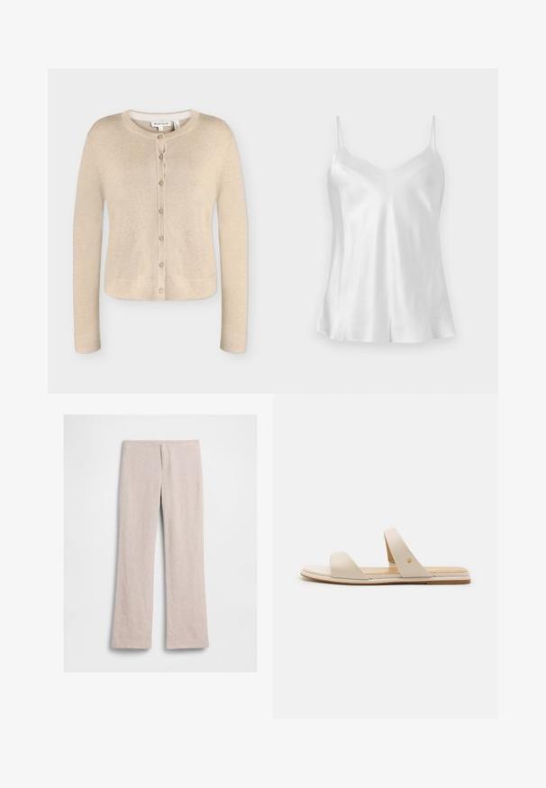 Cardigan tricoté beige pour femme à manches longues, col rond et sept boutons sur le devant, taille petite, présenté à plat sur fond blanc.; Haut camisole en satin blanc avec fines bretelles spaghetti et décolleté en V, présenté à plat sur un fond neutre.; Pantalon beige à jambes larges avec taille haute, détail de couture à l'avant, sans boutons ni poches visibles, posé à plat sur fond blanc.; Sandales plates beiges avec deux larges brides, dont une possède un accent doré. Matériau en cuir lisse et design minimaliste.