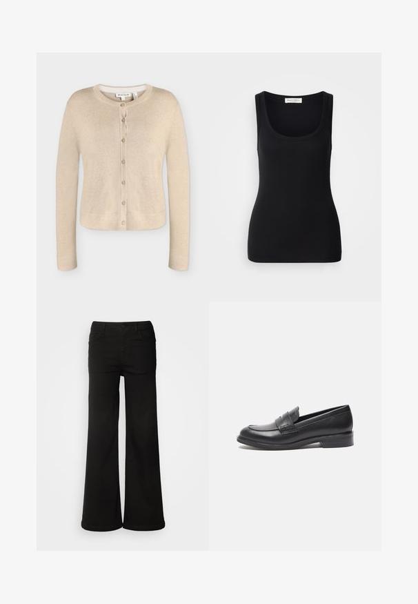 Beige damestrik cardigan med lange ærmer, rund halsudskæring og syv knapper foran, størrelse small, vist fladt på hvid baggrund.; Sort ribbet tanktop med rund halsudskæring, brede skulderstropper og en tætsiddende pasform. Label bagpå med teksten "Marc O'Polo."; Sorte brede bukser lavet af denimstof, med frontlommer, knaplukning og en glat tekstur med en ren finish.; Sorte læderloafer med en glat overflade, rund tå og sidesyning. Har en lav, rektangulær hæl.