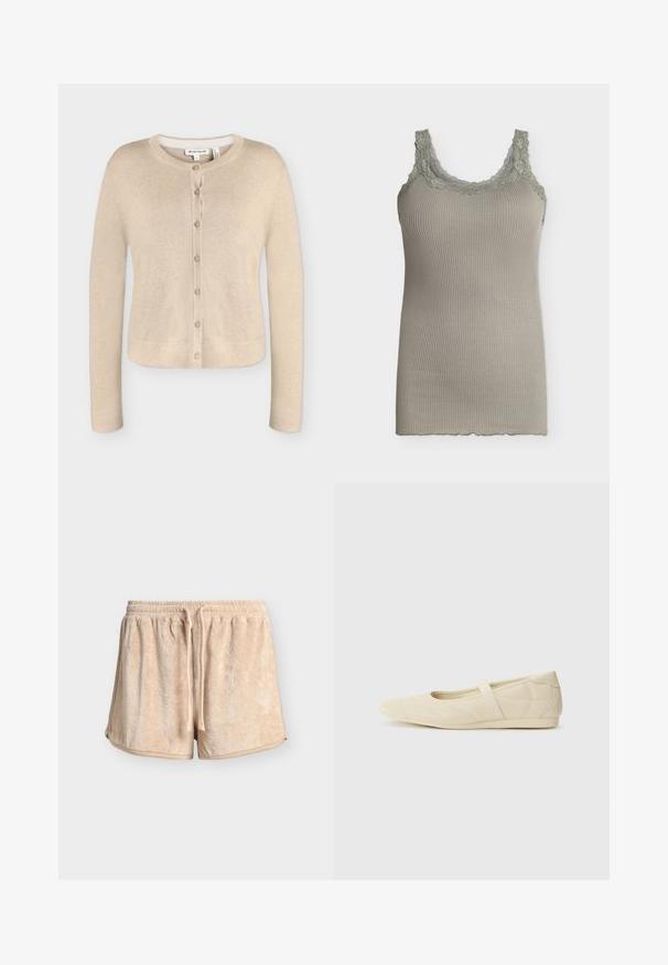 Cardigan tricoté beige pour femme à manches longues, col rond et sept boutons sur le devant, taille petite, présenté à plat sur fond blanc.; Débardeur sans manches en maille côtelée olive clair avec bordure en dentelle florale sur l'encolure et les bretelles, ourlet droit, coupe ajustée.; Short beige en tissu éponge doux avec taille élastique et cordon, conçu pour un usage décontracté ou détente.; Ballerines beiges avec une exterior en cuir lisse, un bout en forme d'amande et une sangle élastique sur le coup de pied, avec des détails de couture subtils.
