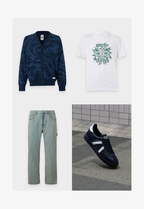 Marineblauwe cardigan met knopen, voorzien van een abstract patroon in donkerblauw, geribbelde manchetten en zoom, twee zakken aan de voorkant en een klein stoffen merkje.; Wit T-shirt met korte mouwen met een groene afbeelding van meerdere ogen rondom een wereldbol, tekst "EARTH TRIPPER" en "VOLCOM STONE" aan de voorkant.; Lichtblauwe, loszittende denim jeans met vijf zakken, een knoopsluiting en zichtbare stiksels. De stof heeft een vervaagde, gestructureerde uitstraling.; Zwarte leren sneaker met witte strepen, een gestructureerde rubberen zool en vetersluiting aan de voorkant. Voorzien van een merklabel op de tong.