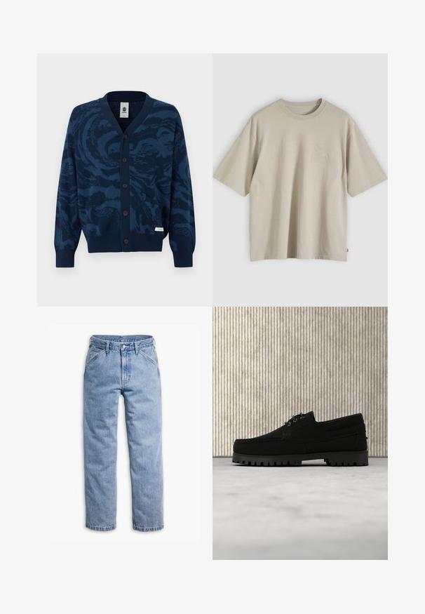 Marineblå knap-op cardigan med abstrakt mørkere blåt mønster, ribstrikkede manchetter og kant, to forlommer og et lille stofmærke med mærkenavn.; Beige oversized T-shirt i bomuld med korte ærmer, rund hals og subtilt præget logo på brystet, vist på en neutral baggrund.; Lyseblå straight-leg denimjeans med forreste knap- og lynlås, bæltestropper og skrå forlommer.; Sort snørestøvle med tyk rilled sål, der svæver over beige tæppe, brun moderne rundt bord i blødt oplyst rum i baggrunden.