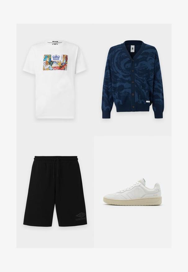 Cardigan boutonné bleu marine avec motif abstrait bleu plus foncé, poignets et ourlet côtelés, deux poches avant et une petite étiquette de marque en tissu.; T-shirt blanc avec un graphique de baskets colorées formant la forme d'un logo rectangulaire surmonté d'une couronne bleue.; Shorts de sport noirs mi-longue avec taille élastique, cordon de serrage, poches latérales et logo Umbro sur la partie inférieure de la jambe gauche.; Baskets en cuir blanc avec une finition texturée et un col rembourré. Elles sont dotées d'une semelle en caoutchouc beige et d'une discrète branding sur le talon et le côté.