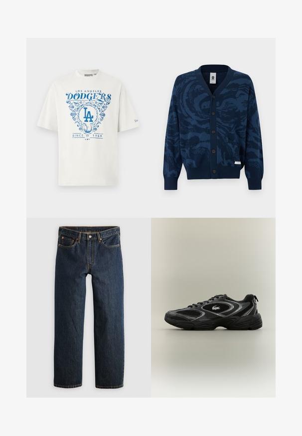 Cárdigan abotonado azul marino con patrón abstracto en azul más oscuro, puños y dobladillo acanalados, dos bolsillos frontales y una pequeña etiqueta de tela con la marca.; Camiseta de algodón blanca con texto gráfico azul "LOS ANGELES DODGERS" y "SINCE 1958" con acentos florales y el logo "LA" en el centro.; Vaqueros de mezclilla azul oscuro con corte recto. Presentan cinco bolsillos, costuras en contraste y cierre de botón en la cintura.; Zapatilla deportiva negra y gris con paneles de malla, diseño de cordones, suela gruesa y un pequeño logo de cocodrilo en el costado.