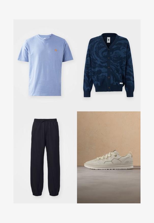 Cardigan boutonné bleu marine avec motif abstrait bleu plus foncé, poignets et ourlet côtelés, deux poches avant et une petite étiquette de marque en tissu.; T-shirt en coton bleu clair à manches courtes et col rond. Présente un petit logo coloré sur la zone gauche de la poitrine.; Pantalons de survêtement noirs en tissu doux, dotés d'une taille élastique avec cordon de serrage, d'ourlets côtelés et de coutures décoratives.; Baskets beige avec une tige texturée, des accents lisses, un embout perforé et des lacets assortis. Comprend une étiquette logo sur le talon.
