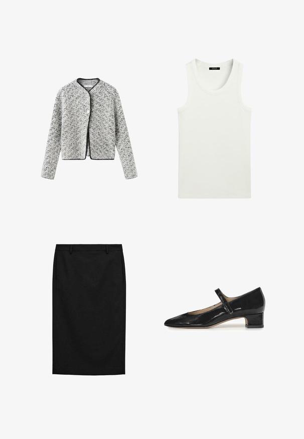 Grå og hvide teksturerede cardigan med en let cropped pasform, rund halsudskæring og sort kant, med enkelt knaplukning.; Hvid ærmeløs ribstrikket tanktop med rund halsudskæring og label indeni kraven.; Sort knælang blyantskørt med bæltestropper og sidelommer, skræddersyet pasform og lige kant.; Sorte patenterede læder Mary Jane-sko med spids tå og lav blokhæl. Har en enkelt justerbar rem over vristen.