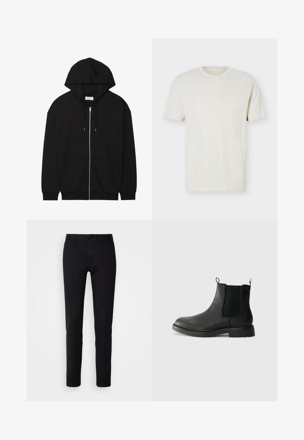 Sort zip-up hættetrøje lavet af blødt bomuldsstof. Har en snorehætte, frontlommer og ribbede manchetter. Enkelt, ensfarvet design.; Simpel, off-white T-shirt med korte ærmer og rund hals, med diskret logo på venstre bryst, vist mod en hvid flad baggrund.; Sorte bukser lavet af glat bomuldsstof, med en lige ben design, forlommer, en knaplukning og en ren finish.; Sorte læder chelsea støvler med elastiske sidepaneler, trækflapper, rund tå og tekstureret gummisål. Glat overflade og robust design.