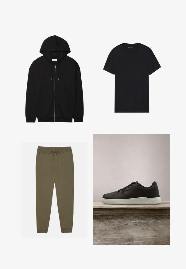Haut à capuche zippé noir en coton doux. Doté d'une capuche avec cordon de serrage, de poches avant et de poignets côtelés. Design simple et épuré.; T-shirt en coton noir à manches courtes et col rond. Le tissu a une texture lisse et un design simple et uni.; Pantalons de jogging vert olive avec une taille élastique, cordon de serrage, poches latérales et jambes fuselées. Fabriqués en tissu doux au toucher lisse.; Baskets noires avec semelle blanche suspendues au-dessus d'un banc en bois, avec un feuillage vert en arrière-plan flou.