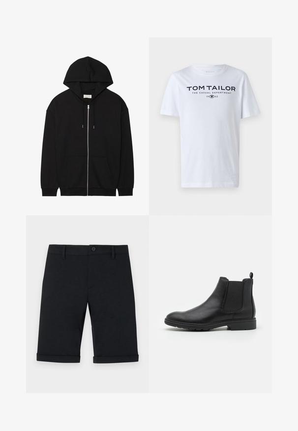 Schwarze Zip-Up-Hoodie aus weichem Baumwollstoff. Besitzt eine Kapuze mit Kordelzug, Fronttaschen und gerippte Bündchen. Einfaches, schlichtes Design.; Weißes Baumwoll-T-Shirt mit Rundhalsausschnitt, kurzen Ärmeln und navyfarbener Schrift, die "TOM TAILOR THE CASUAL DEPARTMENT 1962" lautet.; Schwarze Baumwoll-Shorts mit Knopfverschluss, maßgeschneidertem Design und umgeschlagenem Saum. Verfügt über Fronttaschen und eine glatte Oberfläche.; Schwarze Leder Chelsea-Stiefel mit elastischen Seiteneinsätzen und einer Ziehschlaufe, runder Zehenform und strukturiertem Gummisohle.