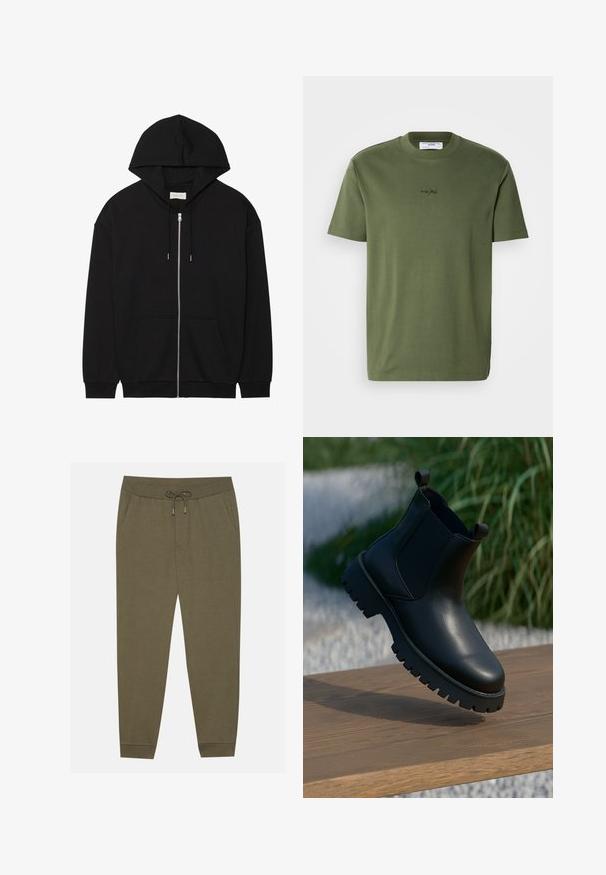 Must mustaga kapuutsiga must zip-up pusakas, valmistatud pehmest puuvillast kangast. Omab nööriga kapuutsi, eesmistesse taskutesse ja soonikkoes ääriseid. Lihtne ja tagasihoidlik disain.; Oliivirohelisest puuvillast T-särk ümmarguse kaelusega ja lühikeste varrukatega; rinnal on peen tikand. Sile tekstuur, tavapärane lõige.; Oliivrohelised spordipüksid elastse vihaga, nööriga, küljetaskute ja kitsaste jalgadega. Valmistatud pehmest kangast, millel on sile tekstuur.; Mustad mustad nahast ankle-kingad elastsete külgpaneelidega, ümmarguse varbaga ja paksu tallaga, eksponeeritud puidust pinnal.