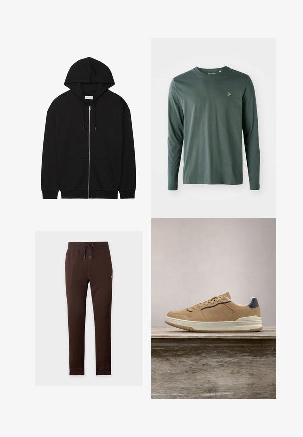 Haut à capuche zippé noir en coton doux. Doté d'une capuche avec cordon de serrage, de poches avant et de poignets côtelés. Design simple et épuré.; Chemise à manches longues en coton vert foncé avec un col rond, texture subtile et petit logo "M OP" blanc sur la poitrine gauche.; Pantalon de survêtement marron avec poignets et ceinture côtelés, doté d’un cordon de serrage et d’un petit logo jaune sur la cuisse droite.; Baskets en suède beige avec semelle en caoutchouc blanc, dotées de lacets beiges, d'accents bleu marine et de détails perforés sur la boîte à orteils.