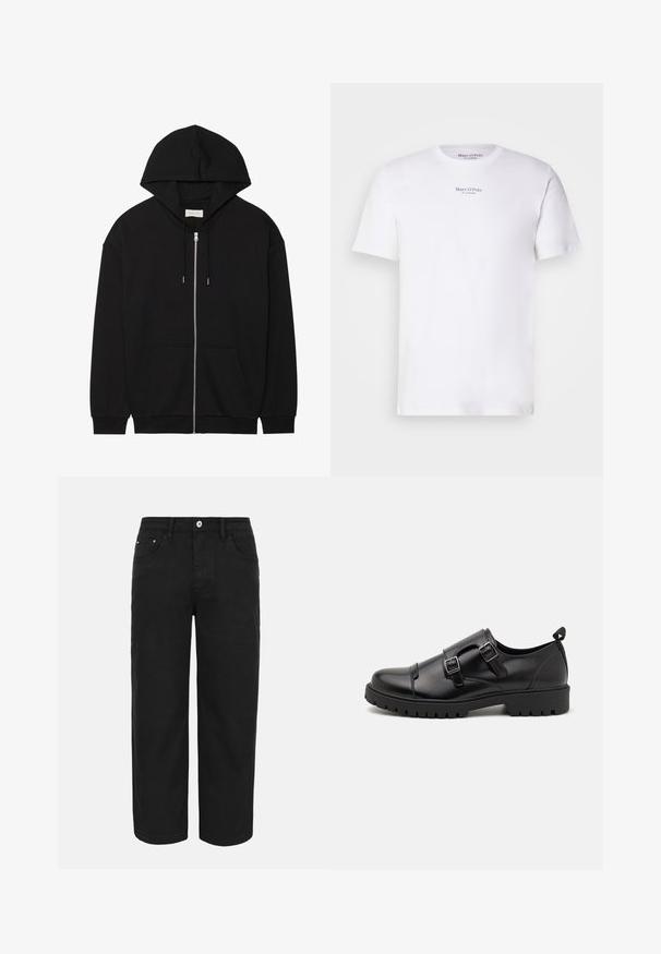 Sort zip-up hættetrøje lavet af blødt bomuldsstof. Har en snorehætte, frontlommer og ribbede manchetter. Enkelt, ensfarvet design.; Hvid kortærmet t-shirt lavet af bomuld med rund hals. Fås med "Marc O'Polo" logo i sort på brystet. Glat tekstur, minimalistisk design.; Sorte bukser med lige ben, forrest med knap- og lynlåslukning, bæltestropper og tre forlommer på en ensfarvet lys baggrund.; Pier One by Zalando Business loafers - black