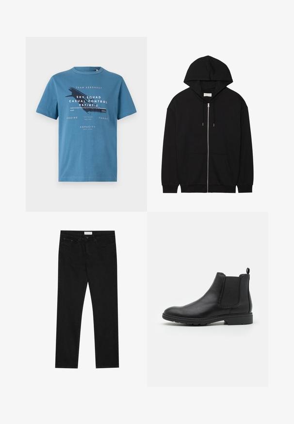 Schwarze Zip-Up-Hoodie aus weichem Baumwollstoff. Besitzt eine Kapuze mit Kordelzug, Fronttaschen und gerippte Bündchen. Einfaches, schlichtes Design.; Blaues Baumwoll-T-Shirt mit kurzen Ärmeln, das auf der Vorderseite grafischen Text und ein Flugzeugdesign zeigt. Rundhalsausschnitt und normale Passform.; Schwarze gerade Jeans mit Fünf-Taschen-Design, Knopf- und Reißverschluss, und einem Pier One-Label am Bund.; Schwarze Leder Chelsea-Stiefel mit elastischen Seiteneinsätzen und einer Ziehschlaufe, runder Zehenform und strukturiertem Gummisohle.