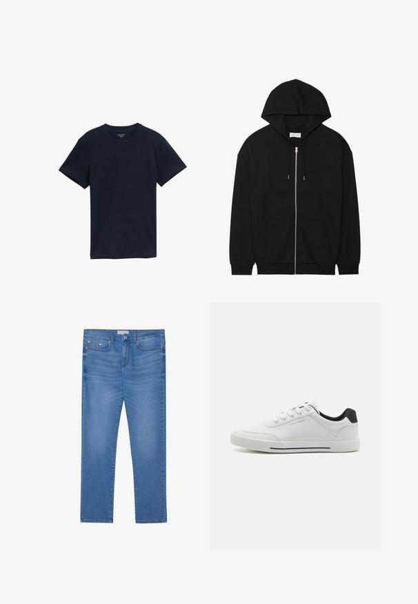 Zwarte zip-up hoodie gemaakt van zachte katoenen stof. Voorzien van een trekkoord capuchon, voorzakken en ribgebreide cuffs. Eenvoudig, plain ontwerp.; Donkerblauwe katoenen T-shirt, korte mouwen, ronde hals, zachte textuur, eenvoudig ontwerp, geen patronen of accenten, rechte zoom.; Lichtblauwe spijkerbroek met een rechte pijp, vijf zakken, subtiele vervaging en metalen accenten op de taille en zakken.; Witte sneakers met een glad synthetisch bovenwerk, ronde neus, vetersluiting, marineblauwe accenten op de hiel en een gestructureerde rubberen zool met een zwarte streep.