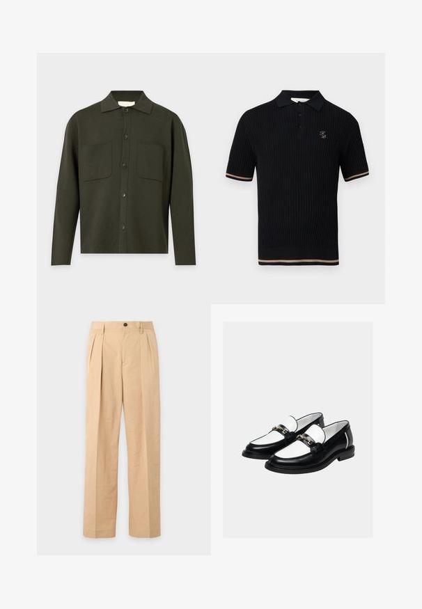 Dunkel olivgrünes Langarmhemd mit Knöpfen, Kragen und zwei vorderen Brusttaschen, dargestellt vor einem hellgrauen Hintergrund.; Schwarzes, geripptes Polohemd mit kurzen Ärmeln und drei Knöpfen, beige Streifen an Ärmelsäumen und Saum sowie kleinem goldenem "FP"-Logo auf der linken Brust.; Beige plissierte Hose mit Knopf- und Reißverschluss, Gürtelschlaufen und geraden, weiten Beinen.; Paar schwarz-weiße Lederloafer mit goldener Kettenverzierung oben, vor schlichtem hellem Hintergrund.