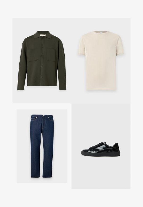 Chemise boutonnée manches longues vert olive foncé avec col et deux poches poitrine devant, présentée sur un fond gris clair.; T-shirt beige à manches courtes avec col rond et poignets côtelés, présenté sur un fond clair uni.; Jean droit en denim bleu foncé avec poches avant et arrière, passants pour ceinture et fermeture par bouton à la taille.; Baskets en cuir verni noir avec un bout arrondi, un laçage, une semelle en caoutchouc texturé et une finition lisse.