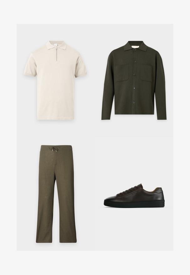 Chemise boutonnée manches longues vert olive foncé avec col et deux poches poitrine devant, présentée sur un fond gris clair.; Polo beige à manches courtes avec col rabattu et courte fermeture éclair frontale sur un fond uni.; Pantalons en lin olive, ample, avec taille à cordon et jambes larges. Texture lisse, design minimaliste, sans motifs ni accents visibles.; Baskets basses en cuir marron foncé avec semelle en caoutchouc noire, lacets à l'avant et design minimaliste épuré sur fond clair.
