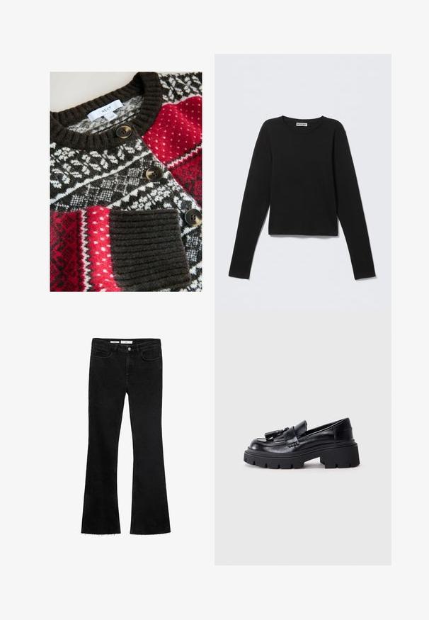 Strikket cardigan med en blanding af røde og sorte mønstre, med en ribbet krave, fire mørke knapper og en struktureret lomme.; Sort langærmet rundhalset skjorte med et "Weekday" mærke ved halskanten, vist på en ensfarvet lys grå baggrund.; Sorte flared jeans i et blødt stof med en rå kant, der har to frontlommer og en knappelukning med lynlås.; Sorte læder loafers med en klumpet, bølget sål, der har en dekorativ kvast på forsiden og en glat, blank overflade.
