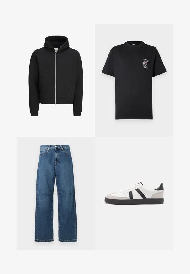 Schwarzer Kapuzenpullover mit Reißverschluss, Vordertaschen, langen Ärmeln und Kapuze, mit einem innen liegenden Fleecefutter.; Schwarzes T-Shirt mit kurzen Ärmeln und kleinem abstraktem weißen Gesichtsmotiv mit roten und grünen Akzenten auf der linken Brustseite.; Blaue Jeans aus Denim mit entspannter Passform, geraden Beinen, sichtbarem Nähen und einem vorderen Knopfverschluss. Verfügt über eine Seitentasche mit einem Akzent.; Weiße Sneaker mit schwarz- und grau-aczenten, ausgestattet mit einer strukturierten grauen Zehenkappe, schwarzer Gummi-Sohle und flachen weißen Schnürsenkeln. Sauberes Design, minimalistische Stil.