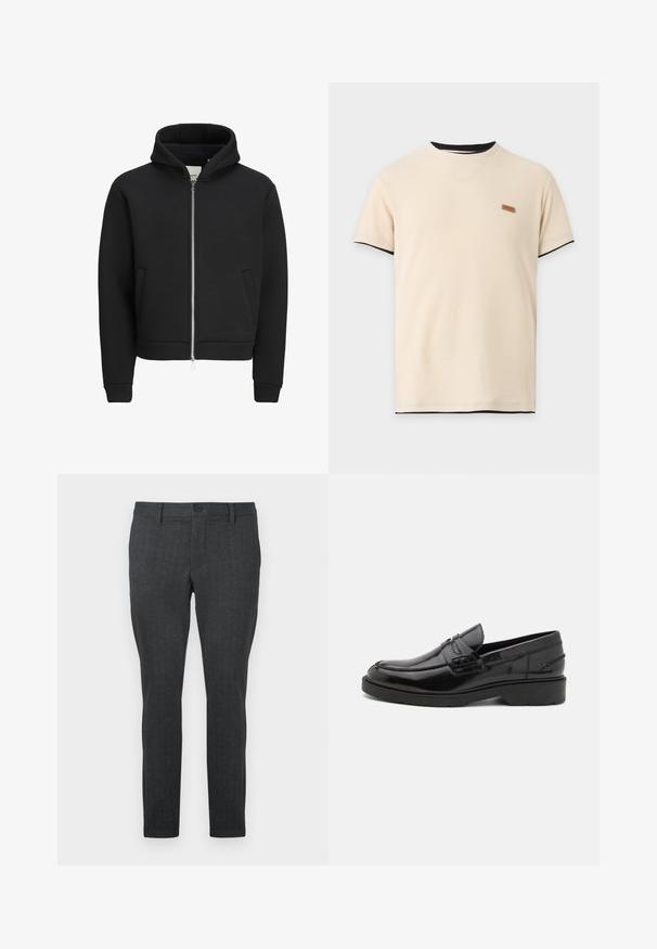 Sweat à capuche noir zippé avec poches avant, manches longues et capuche, doté d'un intérieur doublé en polaire.; T-shirt côtelé beige à manches courtes avec bordure noire sur le col et les bords des manches, et un petit logo rectangulaire marron sur la poitrine.; Pantalon gris foncé avec un motif texturé, coupe slim, taille standard avec un bouton unique, et jambes droites, conçu pour un look moderne.; Mocassins en cuir noir avec une finition lisse, un bout rond, un petit talon et descoutures décoratives à l'avant. Semelle en caoutchouc pour l'adhérence.