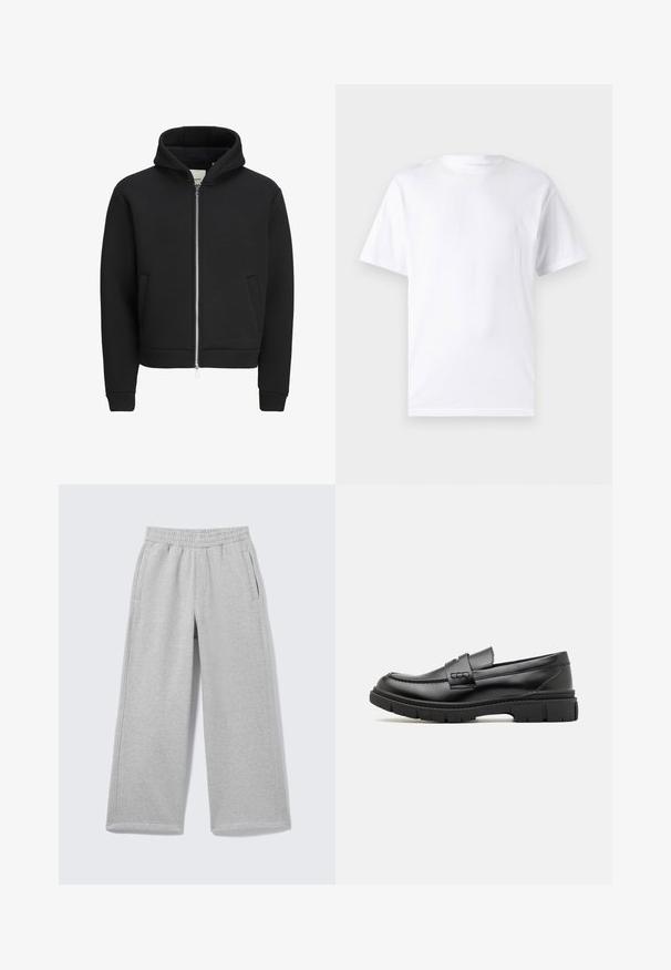 Black zip-up hoodie with front pockets, long sleeves, and a hood, featuring a fleece-lined interior.; White short-sleeve t-shirt made of cotton with a crew neckline, featuring a smooth texture and simple design without patterns or accents.; Light gray wide-leg sweatpants with an elastic waistband and side pockets displayed on a plain background.; Black leather loafer with a wide strap across the vamp, rubber sole with thick treads, and smooth texture. Classic, sleek design.