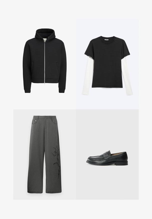 Sort lynlåstrøje med frontlommer, lange ærmer og hætte, med fleeceforet indvendig.; Sort T-shirt med korte ærmer lagdelt over en hvid skjorte med lange ærmer, fladt lagt på en lysegrå baggrund med WEEKDAY-mærket synligt inde i kraven.; Bredbenede, mørkegrå stofbukser med striber, som har forlommer og et sort dekorativt print på venstre side.; Sorte læder loafers med et klassisk design, der har en syet detalje ved tåen og en lav, tekstureret gummisål.