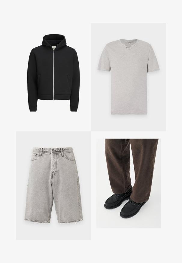 Sudadera negra con cremallera, bolsillos delanteros, mangas largas y capucha, con interior forrado de forro polar.; Camiseta de manga corta, a rayas grises y blancas, con cuello redondo y detalle de dos botones en el escote. Tejido suave con un ajuste casual.; Pantalones cortos de mezclilla gris con un corte relajado, que cuentan con una cintura alta, cinco bolsillos y costuras visibles, ofreciendo un acabado texturizado.; Zapatos de cuero negro con un acabado liso, punta redondeada y diseño con cordones, combinados con pantalones marrones texturizados. Vista desde abajo.