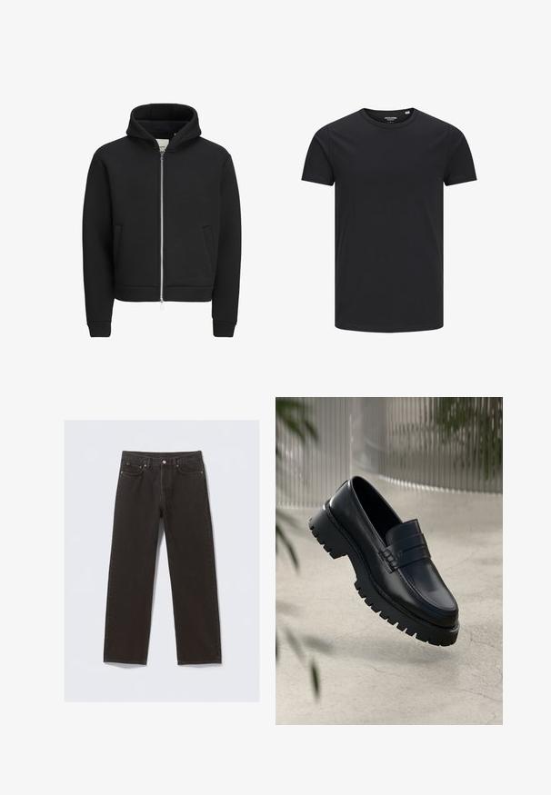 Sort lynlåstrøje med frontlommer, lange ærmer og hætte, med fleeceforet indvendig.; Sort bomulds T-shirt med rund hals, korte ærmer og et enkelt design. Glat tekstur, ingen mønstre eller synligt tilbehør.; Svarte denimjeans med straight-leg design, fem lommer og kobberfarvet syning. Glat tekstur, klassisk knaplukning i taljen.; Sorte læder loafers med en chunky sål, der har en dekorativ rem og syninger. Glat tekstur med en poleret overflade.
