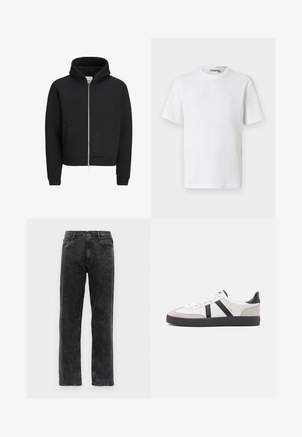 Schwarzer Kapuzenpullover mit Reißverschluss, Vordertaschen, langen Ärmeln und Kapuze, mit einem innen liegenden Fleecefutter.; Weißes, kurzärmeliges T-Shirt mit Waffelstrick und Rundhalsausschnitt, mit kleinem Markenetikett im Kragen, auf einfarbigem Hintergrund präsentiert.; Schwarze Denim-Jeans mit geradem Schnitt, fünf Taschen, Knopfverschluss und dezentem Verblassen des Stoffs.; Weiße Sneaker mit schwarz- und grau-aczenten, ausgestattet mit einer strukturierten grauen Zehenkappe, schwarzer Gummi-Sohle und flachen weißen Schnürsenkeln. Sauberes Design, minimalistische Stil.