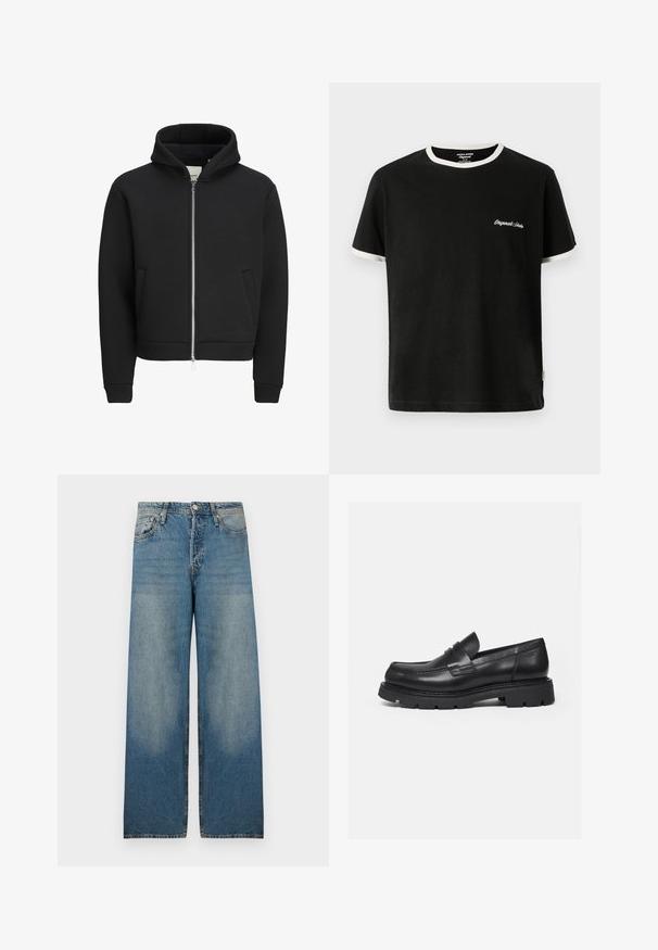 Sort lynlåstrøje med frontlommer, lange ærmer og hætte, med fleeceforet indvendig.; Jack & Jones T- - T-shirts basic - black; Lyseblå bredbenede jeans i denimstof med høj talje, fem-lomme design og slidte områder for et vintage look.; Sort læderloafer med tyk rillede sål og penny-remdetalje, vist i højre sideprofil på hvid baggrund.