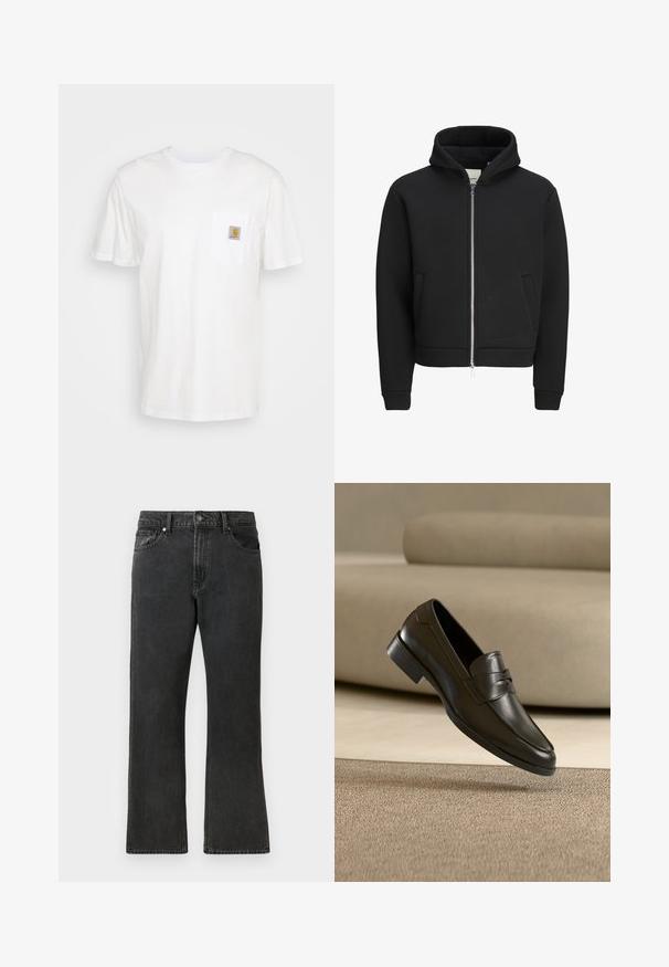 Schwarzer Kapuzenpullover mit Reißverschluss, Vordertaschen, langen Ärmeln und Kapuze, mit einem innen liegenden Fleecefutter.; Weißes Baumwoll-T-Shirt mit kurzen Ärmeln, einer Brusttasche und einem kleinen quadratischen Logopatch in Orange und Weiß auf der Tasche.; Schwarze Denim-Jeans mit geradem Bein, mittlerer Bundhöhe, fünf Taschen und Knopfverschluss. Dezente, ausgeblichene Textur über das gesamte Material.; Schwarzer Leder-Slipper, der über einem beigen Teppich schwebt, mit einem beigen Sofa im Hintergrund, und zeigt das klassische Herren-Design zum Hineinschlüpfen.