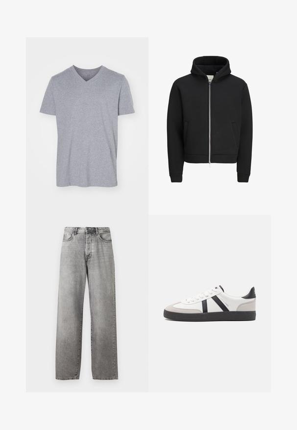 Sweat à capuche noir zippé avec poches avant, manches longues et capuche, doté d'un intérieur doublé en polaire.; T-shirt en coton gris avec un col en V, des manches courtes et une coupe décontractée. Tissu doux et léger sans motifs ni embellissements visibles.; Jeans larges gris en denim. Présente une taille haute, cinq poches et une fermeture par bouton et zip. Légère décoloration sur le tissu.; Baskets blanches avec des accents noirs et gris, présentant un embout texturé gris, une semelle en caoutchouc noir et des lacets plats blancs. Design épuré, style minimaliste.