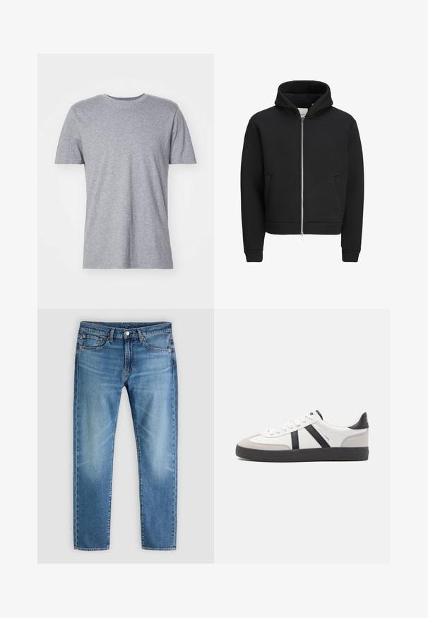 Schwarzer Kapuzenpullover mit Reißverschluss, Vordertaschen, langen Ärmeln und Kapuze, mit einem innen liegenden Fleecefutter.; Graues, kurzärmliges T-Shirt aus einem Baumwollmischgewebe, das über einen klassischen Rundkragen verfügt und eine glatte, weiche Textur aufweist.; Hellblaue Jeans aus Denim mit geradem Bein, traditionellem Fünf-Taschen-Design und dezentem Ausbleichen. Verfügt über einen Knopfverschluss und Gürtelschlaufen.; Weiße Sneaker mit schwarz- und grau-aczenten, ausgestattet mit einer strukturierten grauen Zehenkappe, schwarzer Gummi-Sohle und flachen weißen Schnürsenkeln. Sauberes Design, minimalistische Stil.